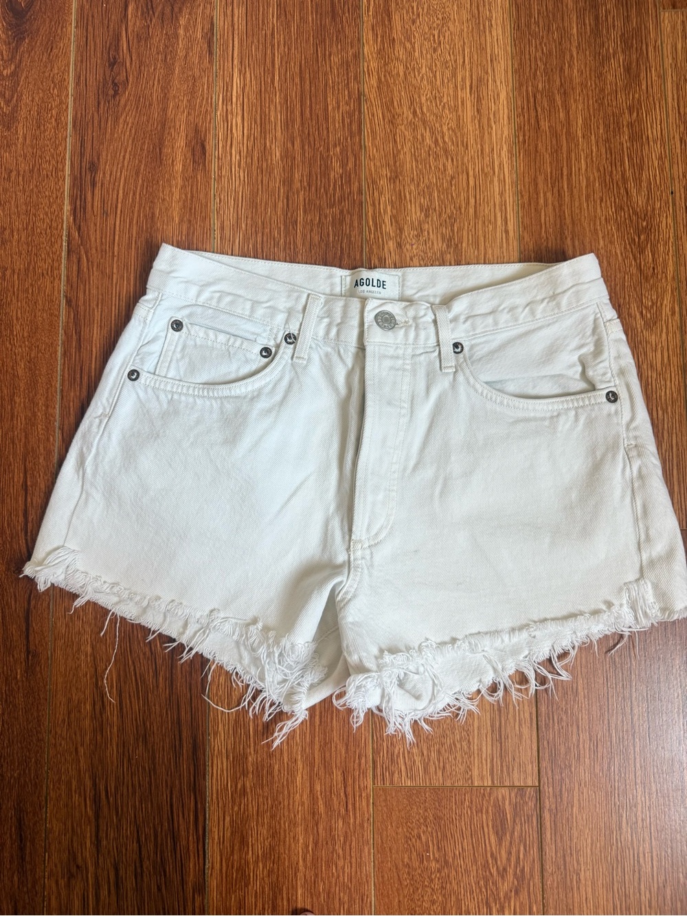 Agolde White Frayed Hem Denim Shorts - Picture 2 of 4